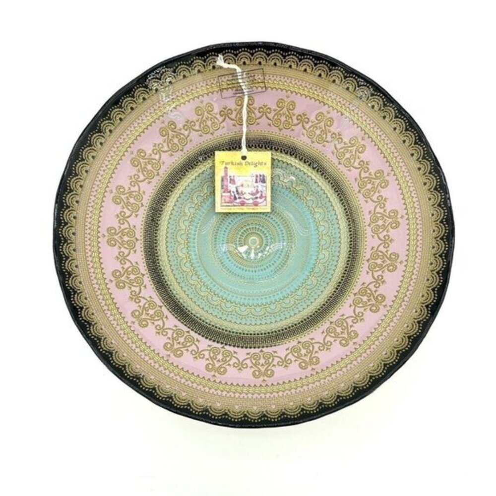 Turkish Delights Glass Bowl Serving Dinner Pink Blue Gold Handmade 11.75” NWT
